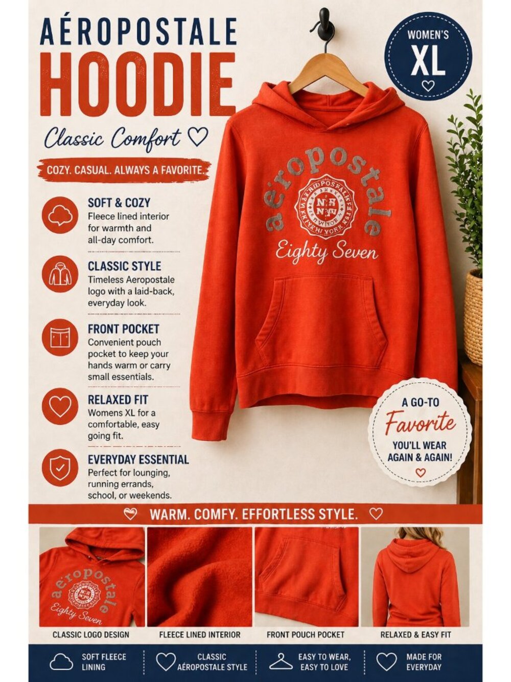 Aeropostale Hoodie Womens XL Orange Pullover Fleece Lined Sweatshirt Casual